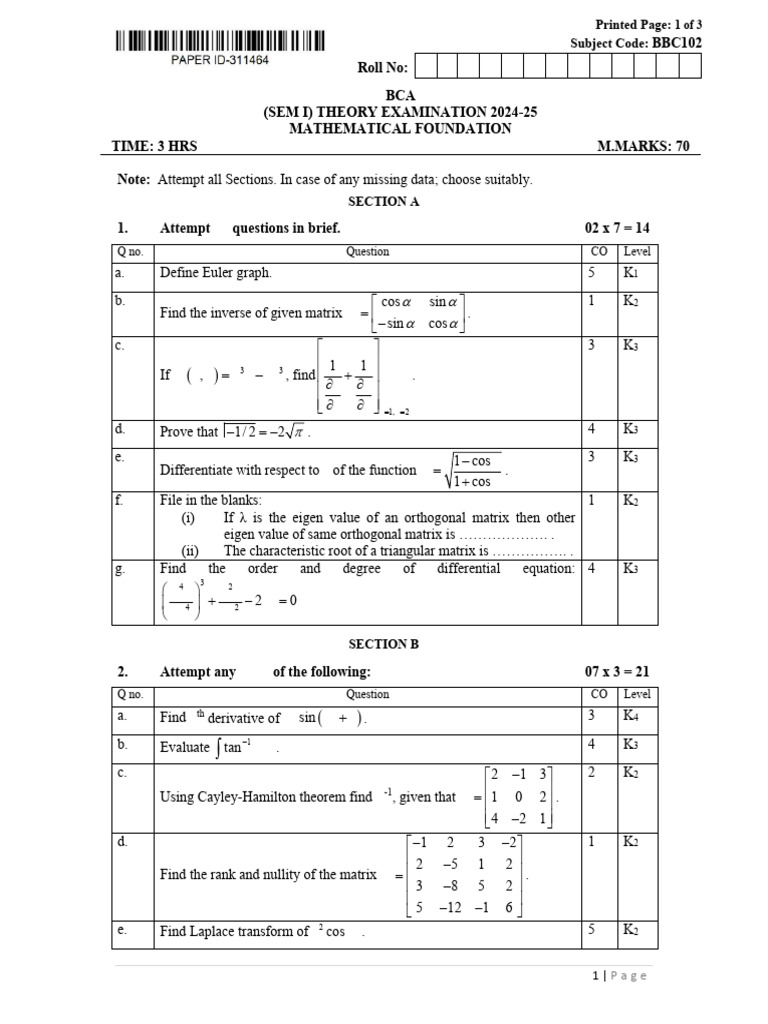 BCA Sem I Mathematical Foundation Exam | PDF | Eigenvalues And ...