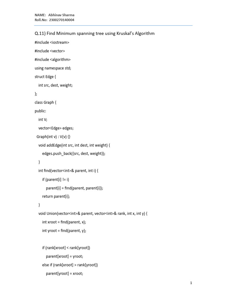 Kruskal's Algorithm for MST in C++ | PDF