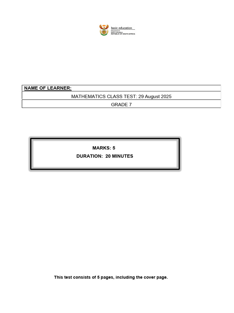 Grade 7 Mathematics Test - Aug 2025 | PDF | Circle | Euclidean Plane ...
