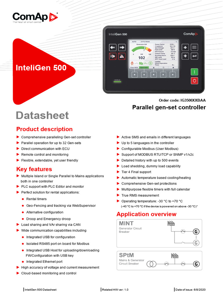 InteliGen 500 Gen-Set Controller Datasheet | PDF | Usb | Power Supply