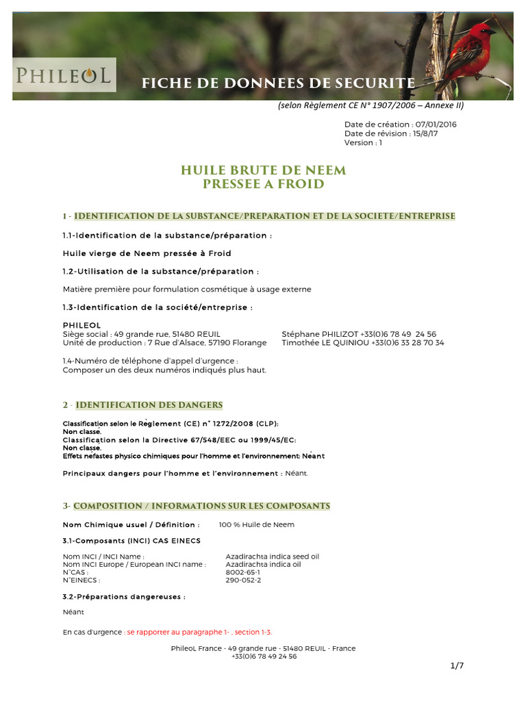 Fiche de données de sécurité : Huile de Neem | PDF