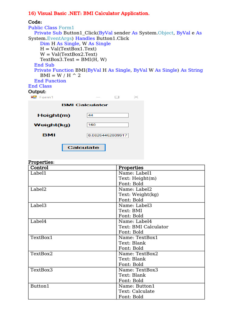 Visual Basic BMI Calculator Code | PDF