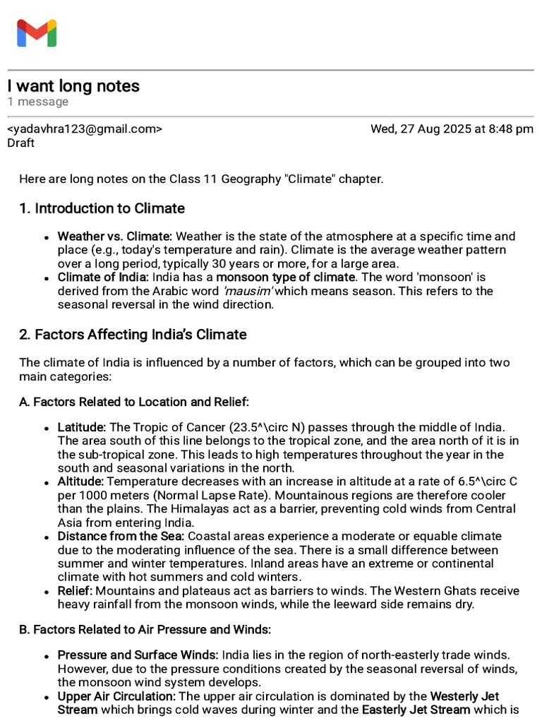 Class 11 Geography: Climate Notes | PDF | Monsoon | Rain