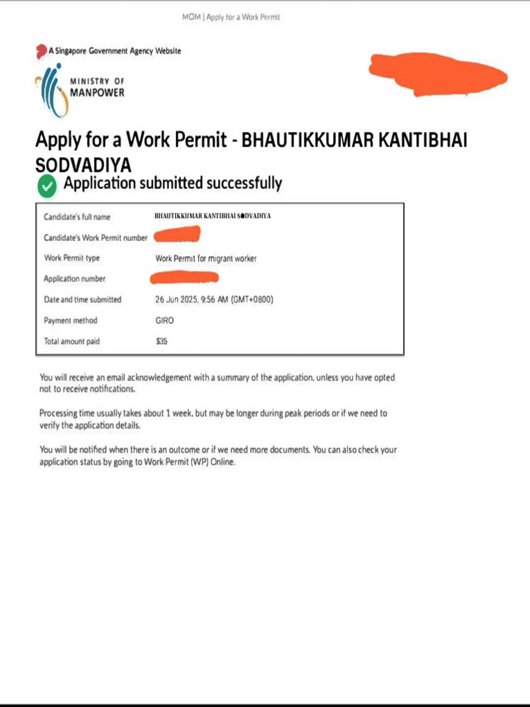 Work Permit Application Confirmation | PDF