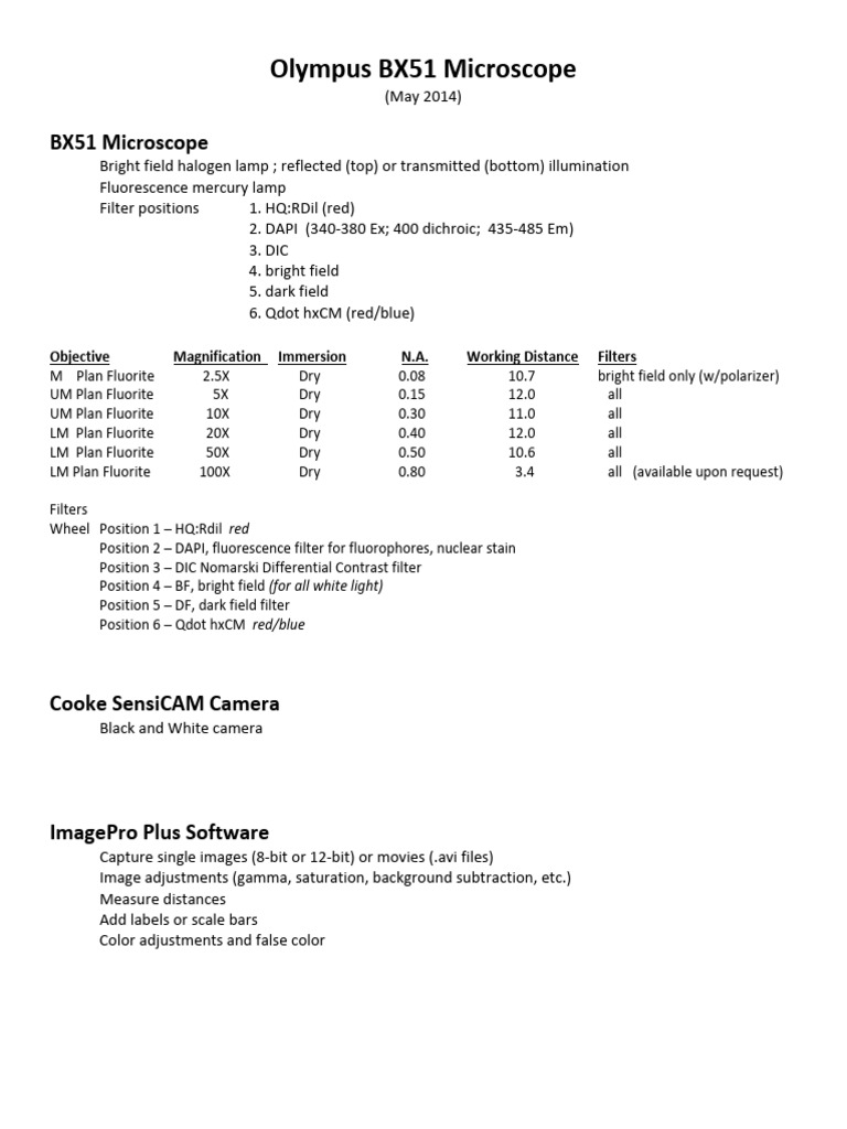 Olympus BX51 Microscope Manual | PDF | Aperture | Optical Filter
