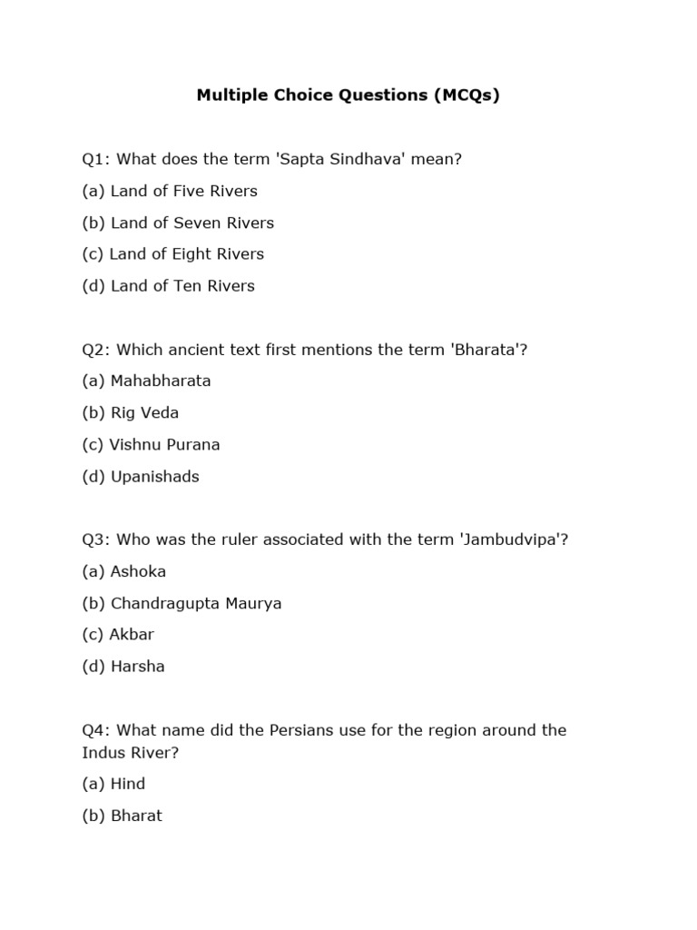Multiple Choice Questions - India That Is Bharat | PDF
