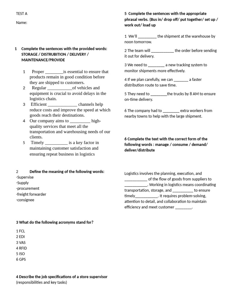 Test A1 | PDF | Logistics | Warehouse
