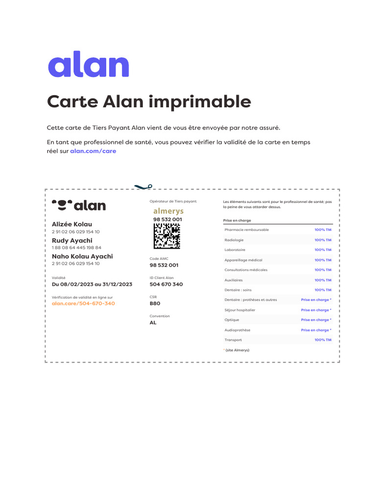 Carte Tiers Payant Alan Imprimable | PDF | Professionnel de la santé ...