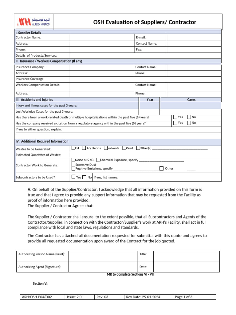 Supplier Contractor Evaluation Form | PDF | Personal Protective ...