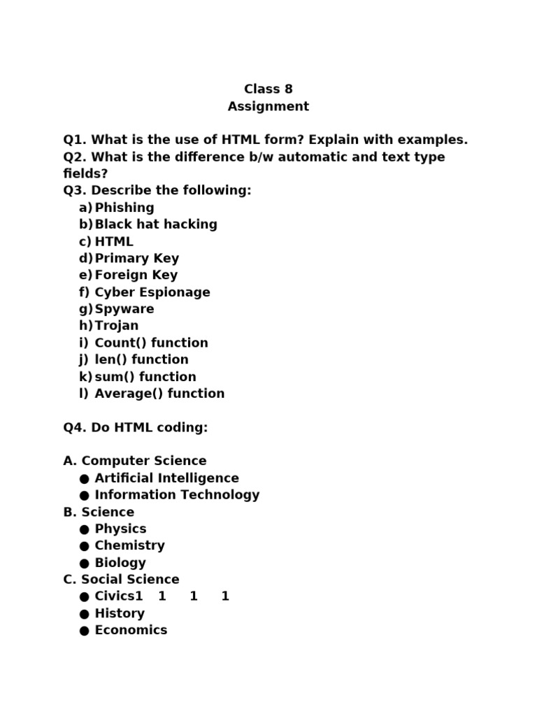 Class 8 HTML and Database Concepts Assignment | PDF