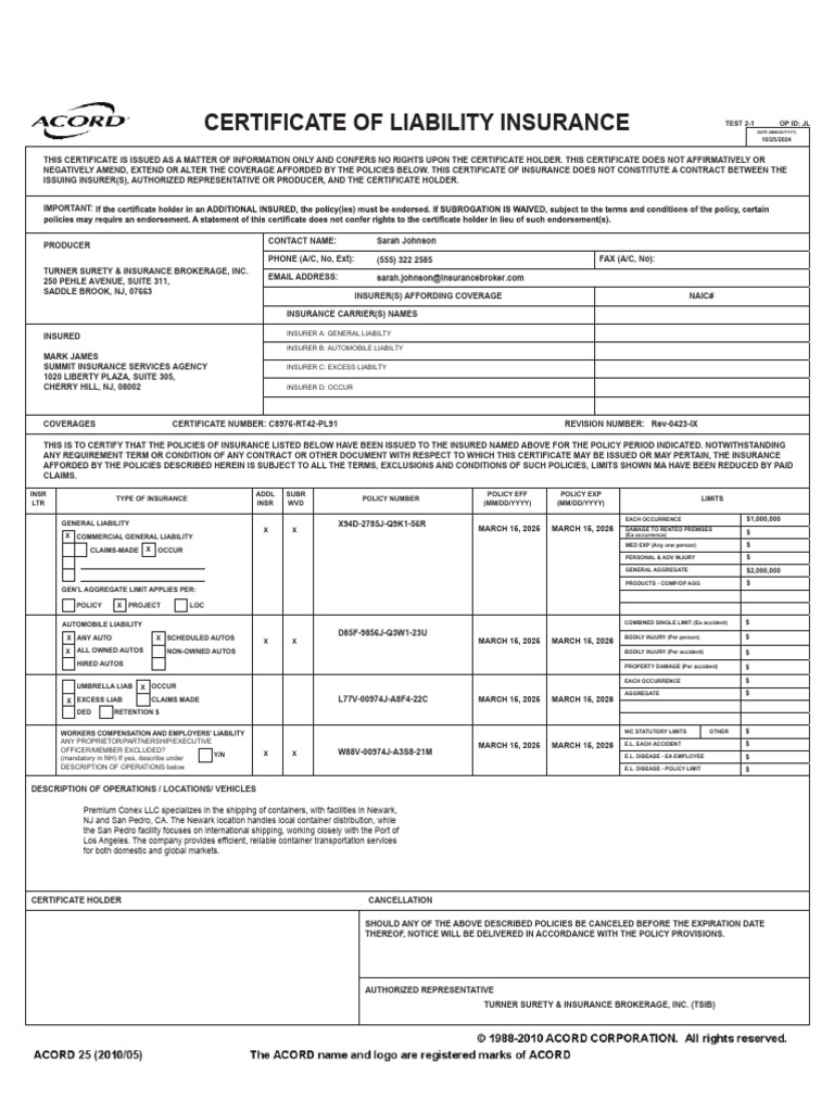 Sample Certificate of Liability Insurance | PDF | Liability Insurance ...