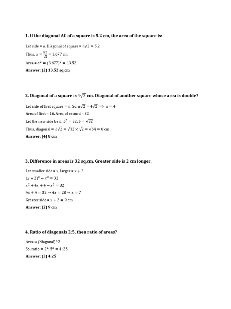 Square Problems with Solutions | PDF | Area | Length