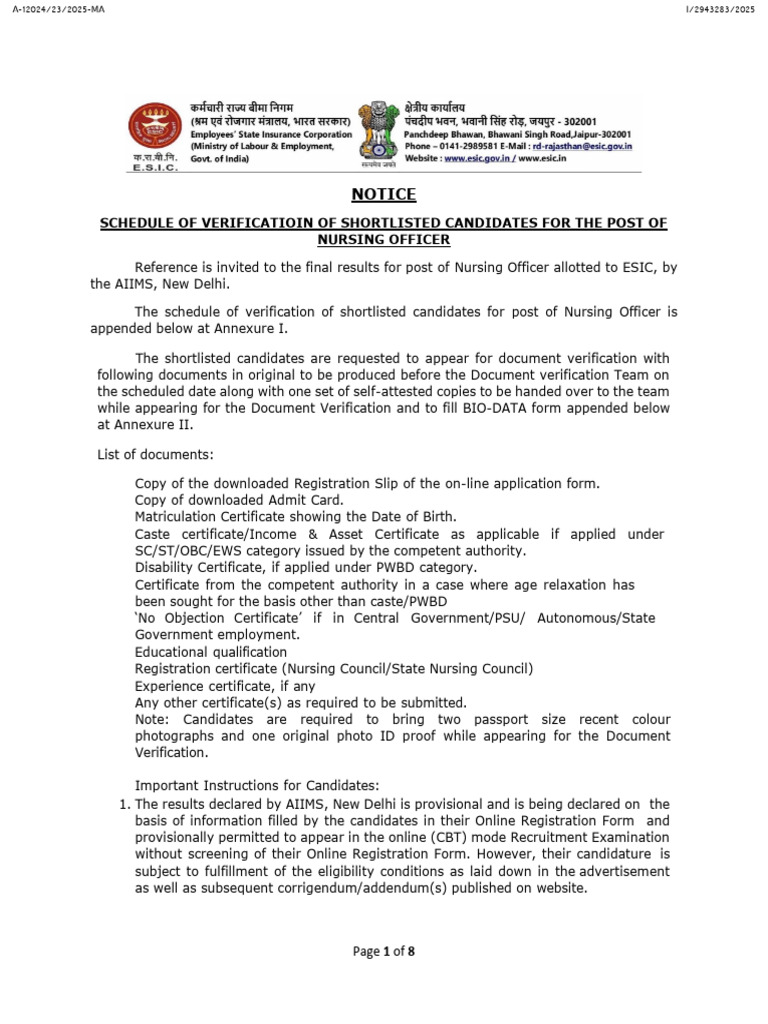 ESIC Nursing Officer Document Verification Schedule | PDF