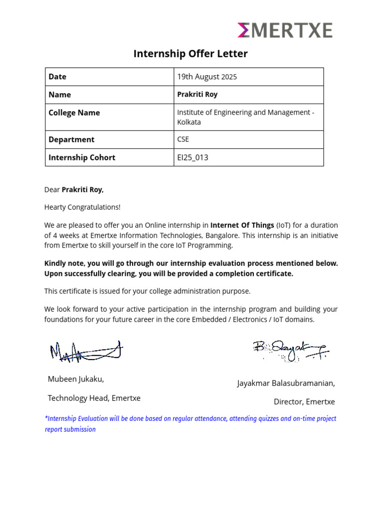 Internship Offer for Prakriti Roy | PDF