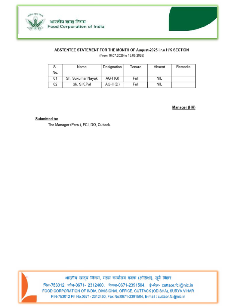 Absentee Statement for August 2025 | PDF