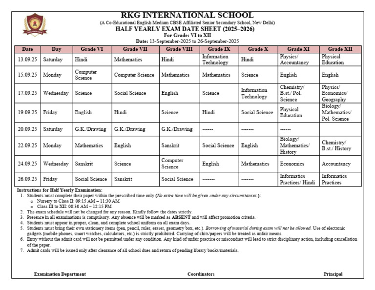 Half Yearly Exam Datesheet-1 | PDF | Science