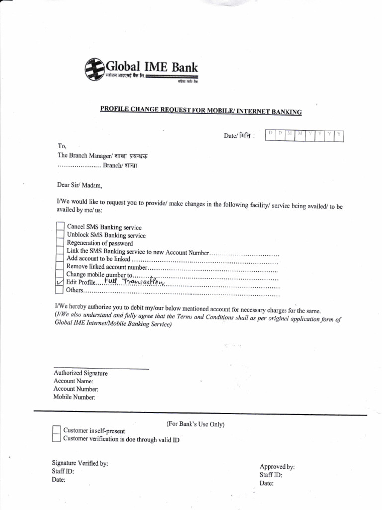 SMS Banking Service Request Form | PDF
