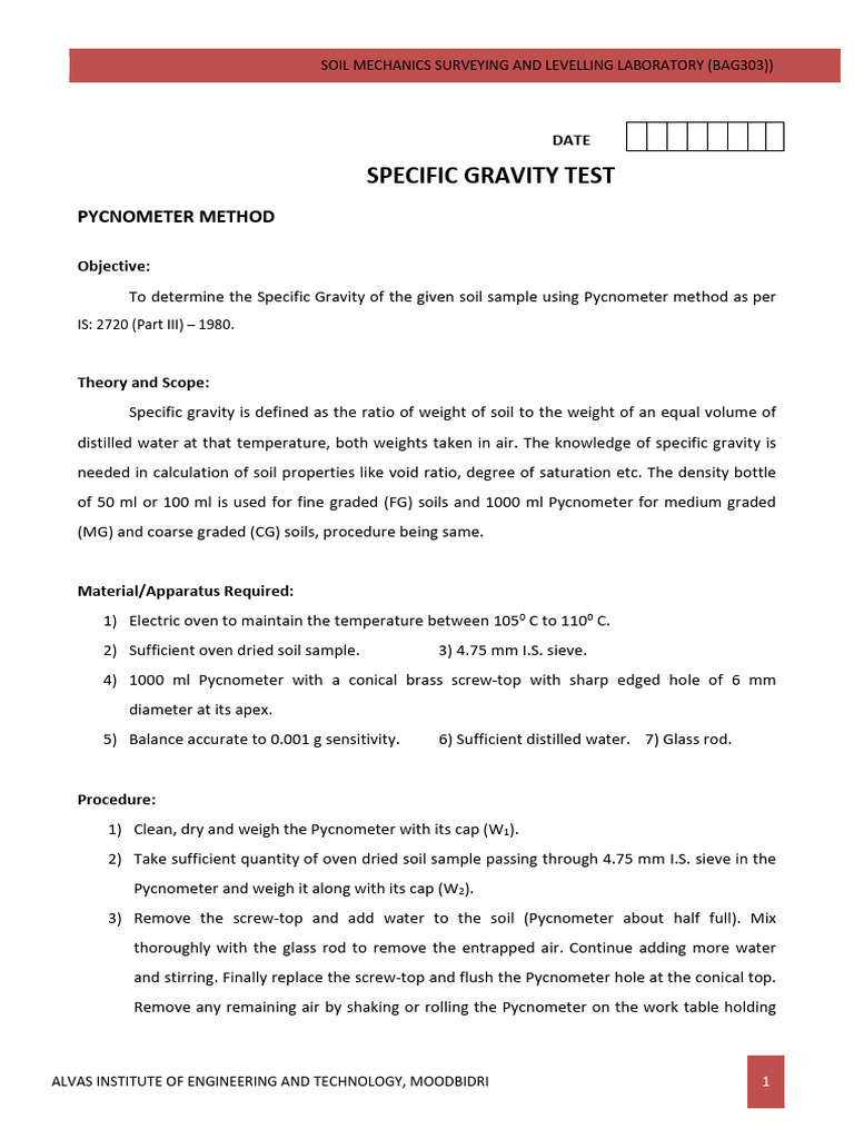 Specific Gravity Test Using Pycnometer | PDF | Physical Quantities ...
