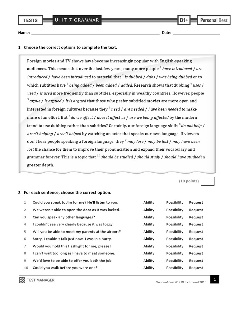 Personal Best B1+ Unit 7 Grammar Test | PDF | Linguistics | Human ...