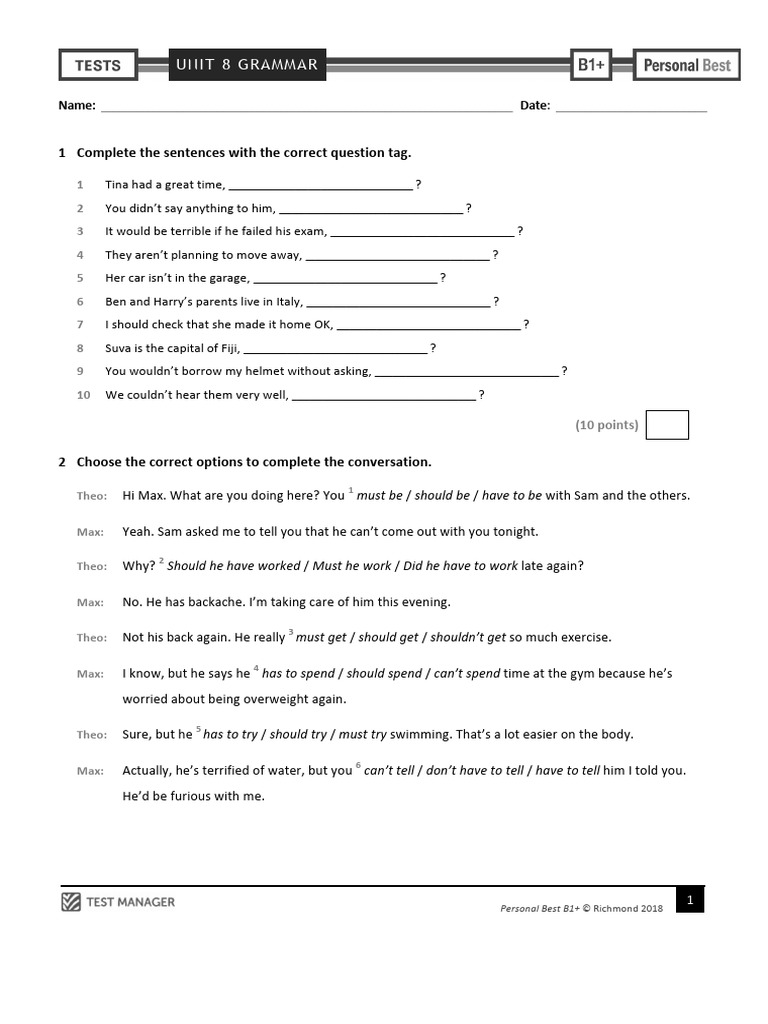 Personal Best B1+ Unit 8 Grammar Test | PDF