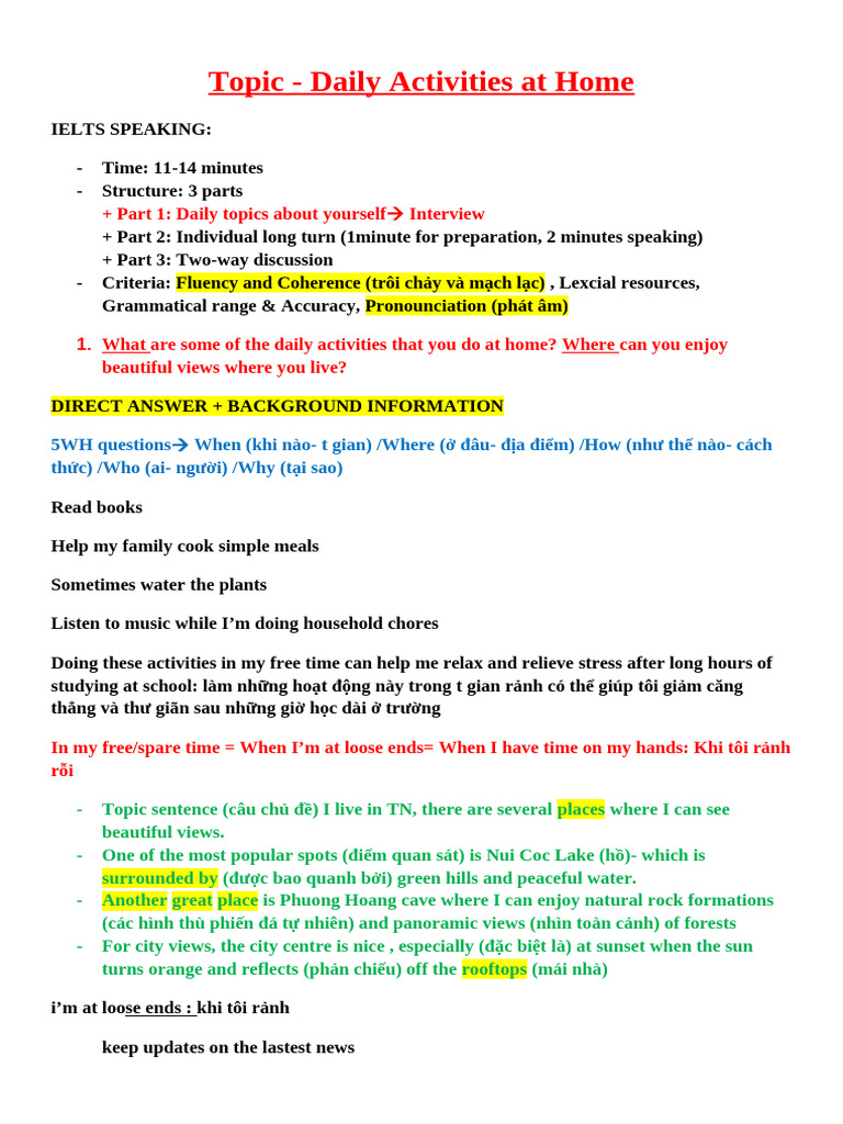Daily Activities for IELTS Speaking Part 1.2 | PDF