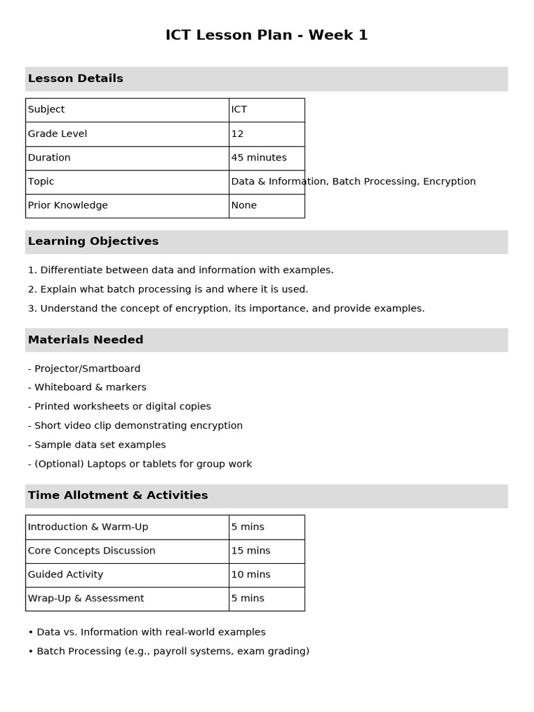 ICT Lesson Plan Week1 | PDF