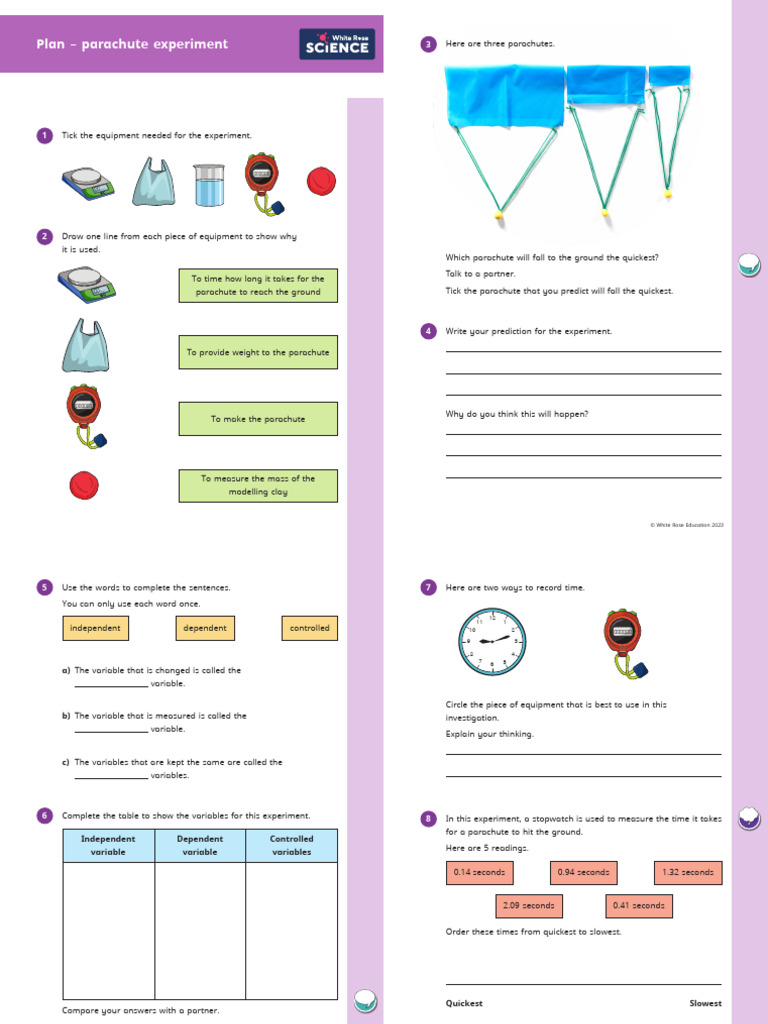 Y5 Autumn Block 1 WS3 Plan Parachute Experiment | PDF | Experiment