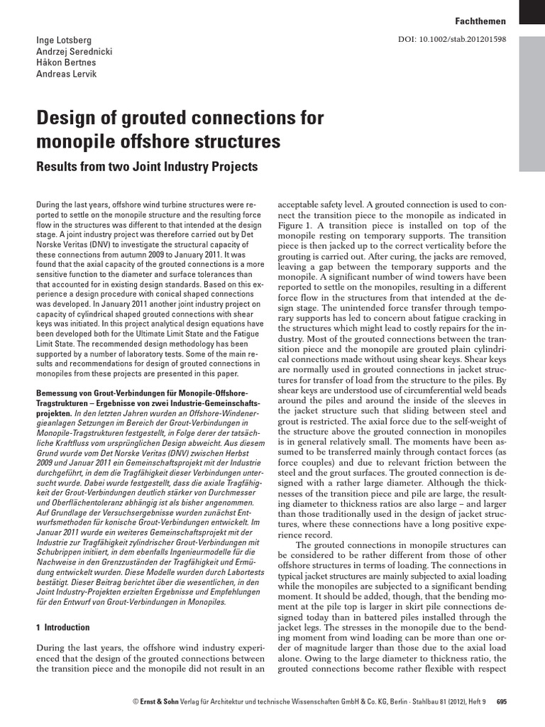 Design of Grouted Connections For Monopi | PDF | Bending | Friction