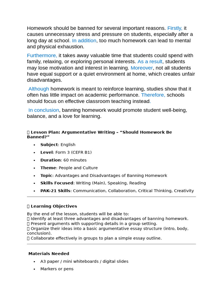 Homework Should Be Banned For Several Important Reasons | PDF | Essays ...