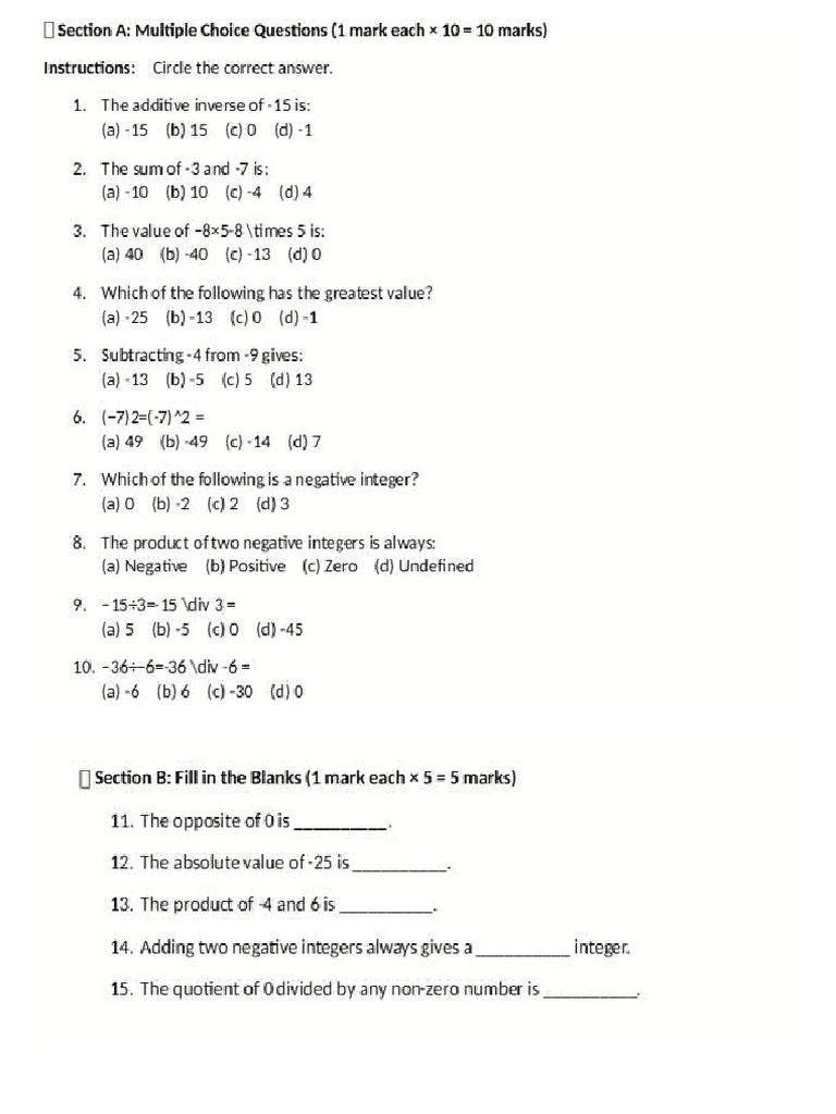 Integers Ws 7th Maths | PDF