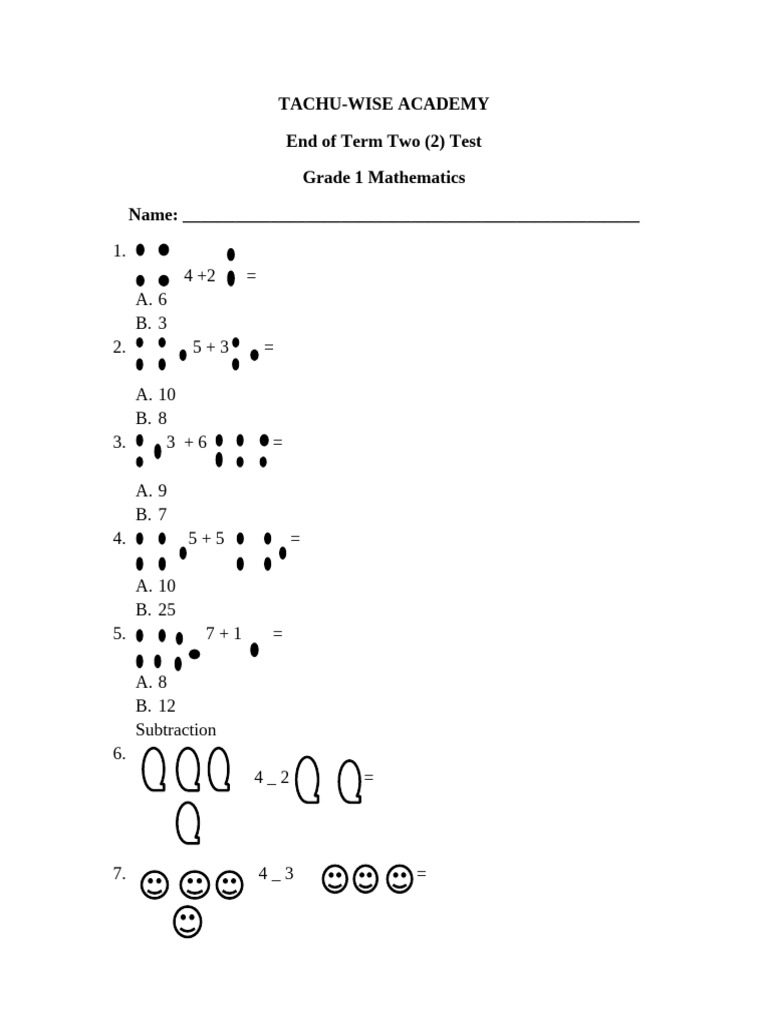 Grade 1 Math Test - Term 2 | PDF