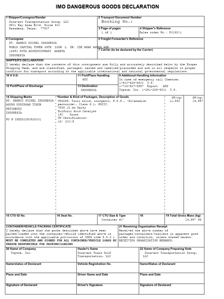 IMO Dangerous Goods Declaration | PDF | Dangerous Goods | Freight Transport