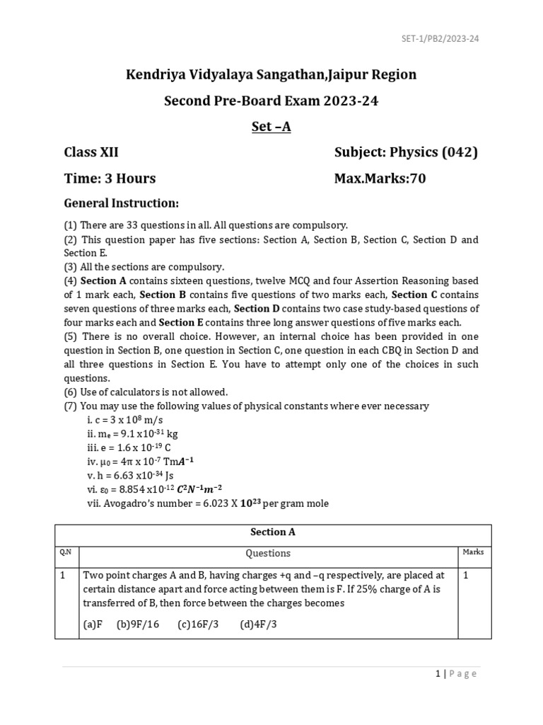 Class XII Physics Pre-Board Exam 2023-24 | PDF | P–N Junction | Diffraction