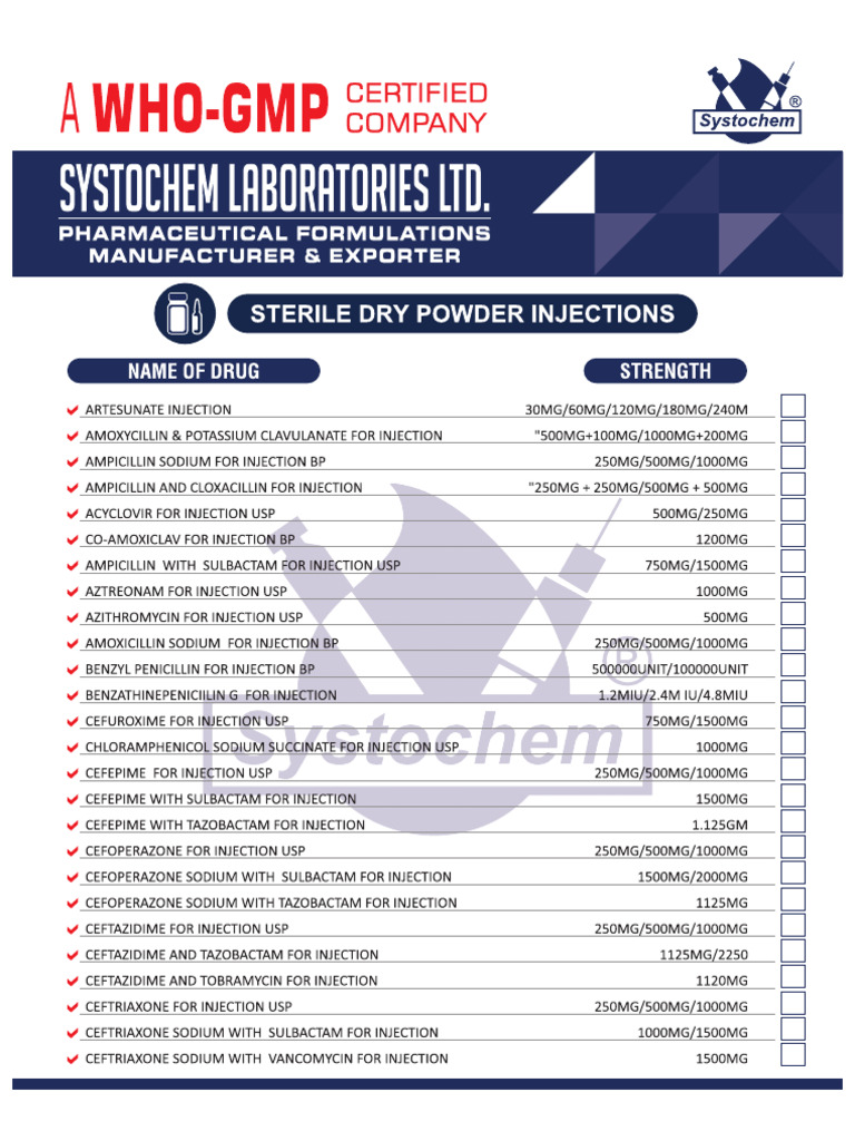Systochem Injection Dry Powder List | PDF