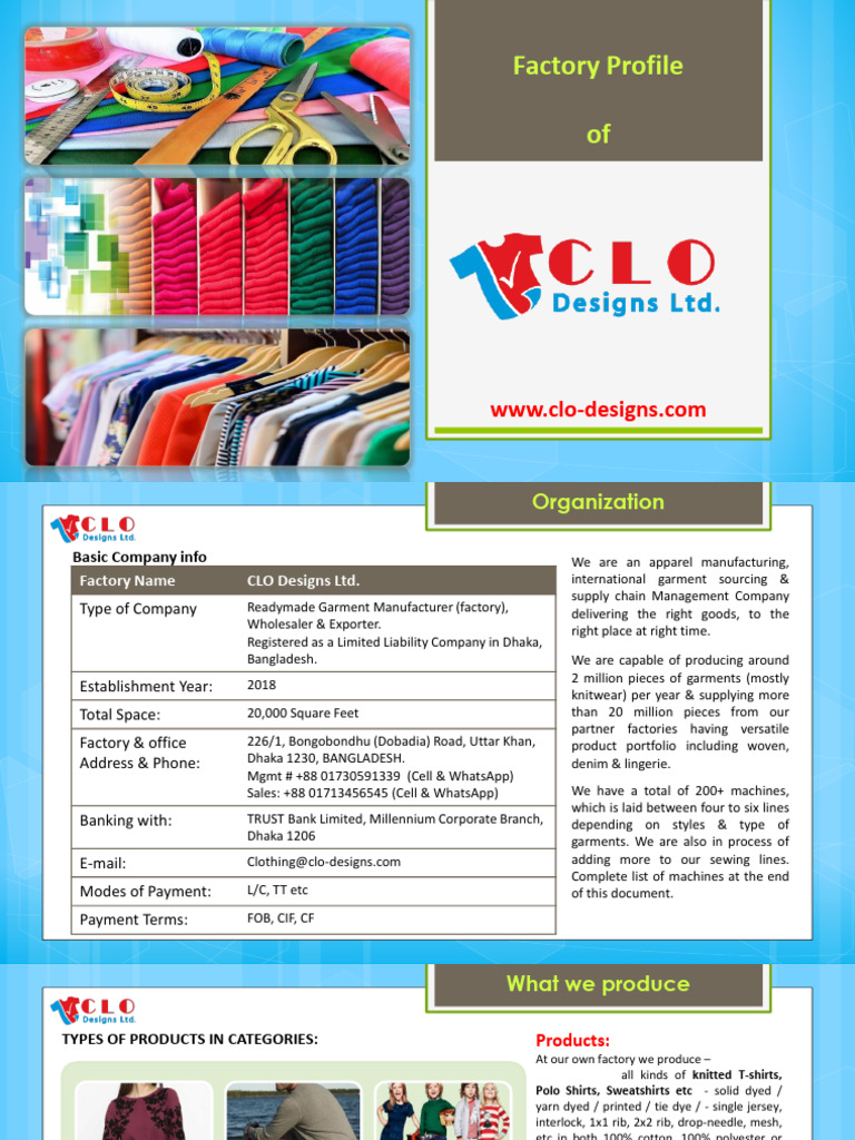 CLO Designs: Garment Manufacturing Profile | PDF | Sewing | Textiles