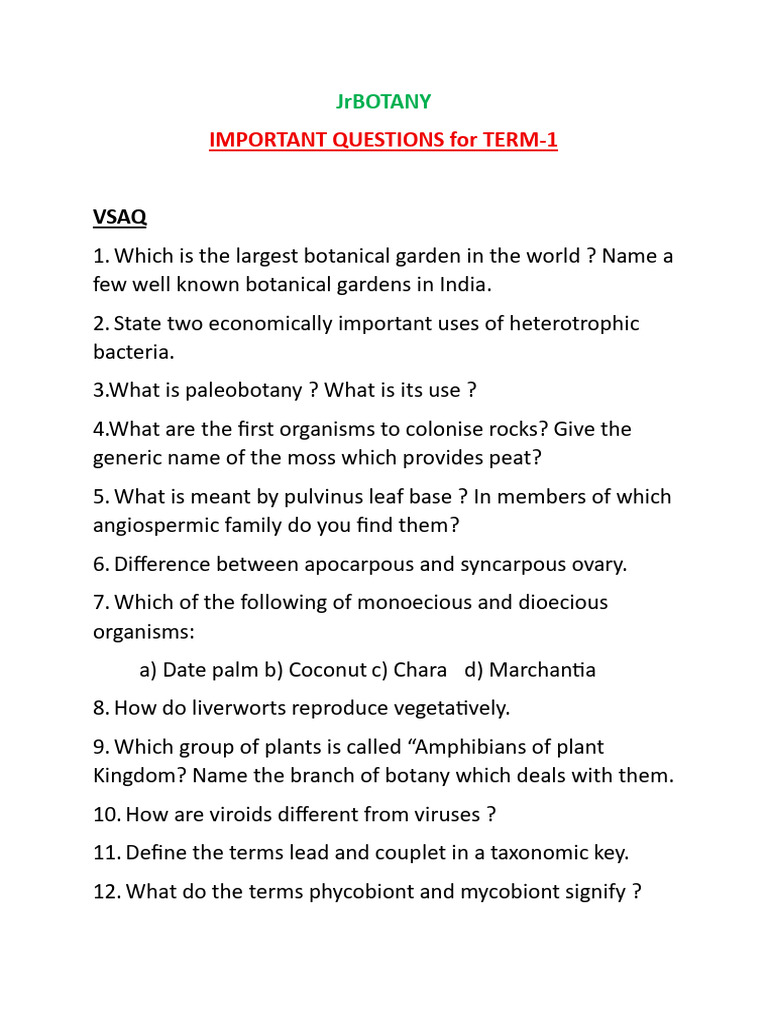 Essential Botany Questions for Term-1 | PDF | Flowers | Plants