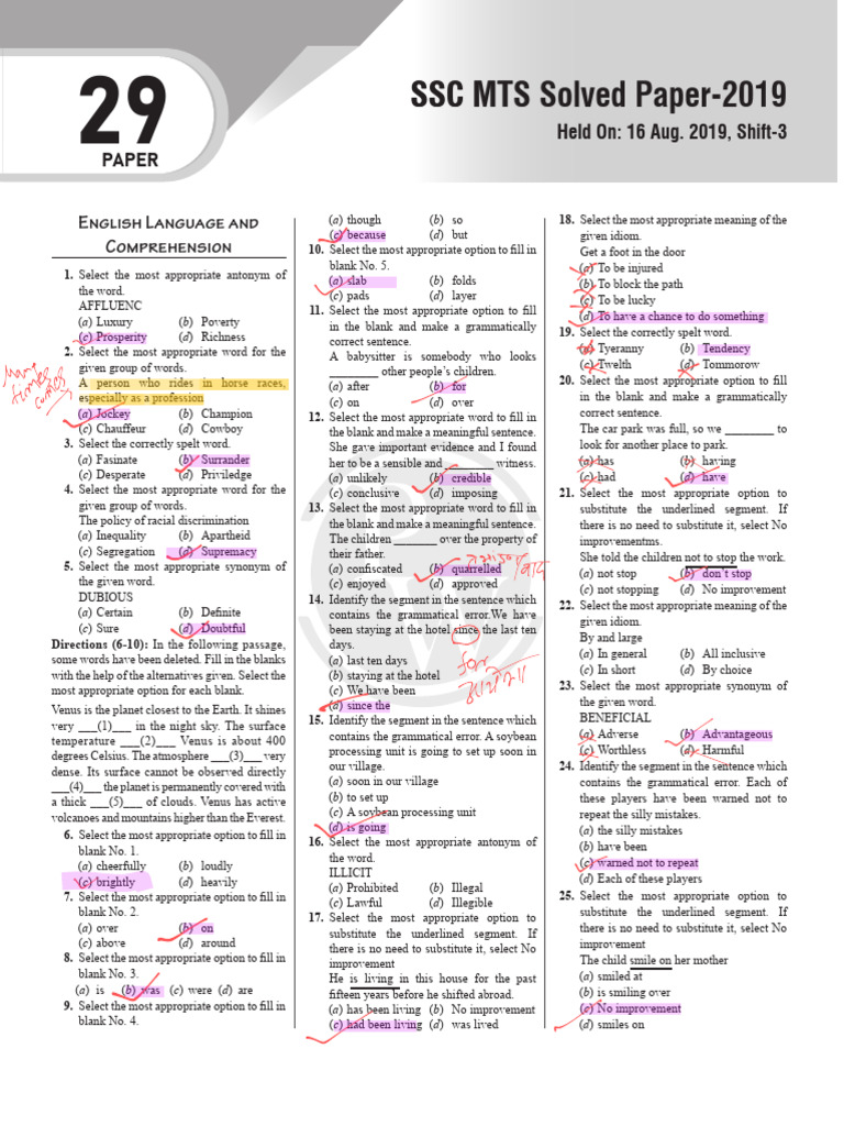 SSC MTS Solved Paper-2019 | PDF | Venus | Grammatical Number