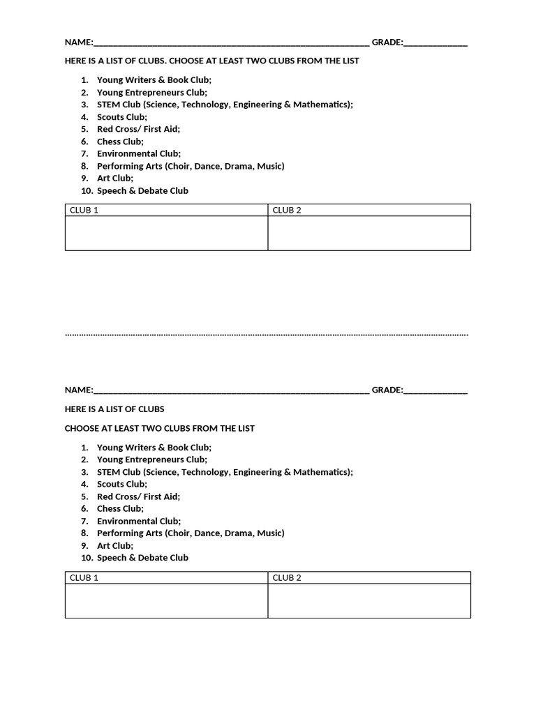 Club Selection Form for Students | PDF