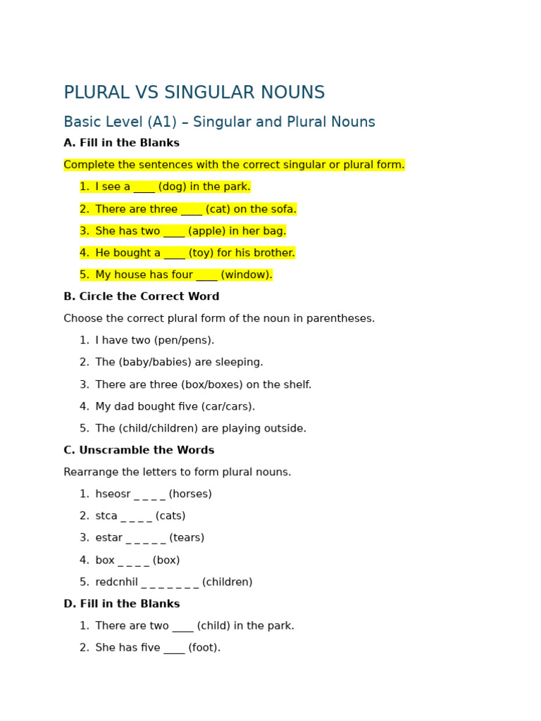 Plural Vs Singular Nouns | PDF | Plural | Grammatical Number