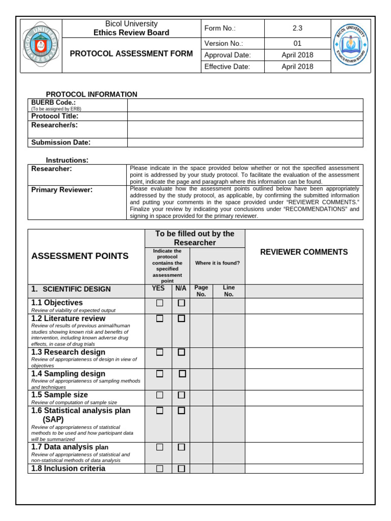Bicol University Ethics Review Protocol Form | PDF | Risk | Clinical Trial