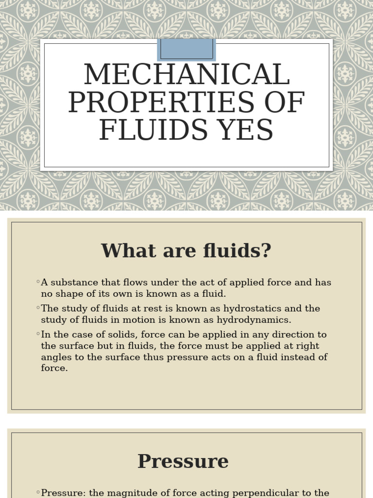 Mechanical Properties of Fluids Explained | PDF | Pressure | Fluid Dynamics