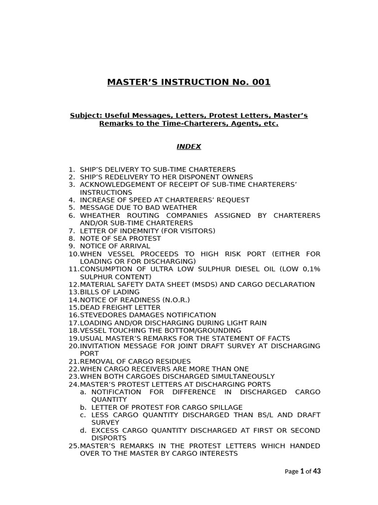 Masters Instruction 001 Useful Messages Amended July2015 | PDF | Cargo ...