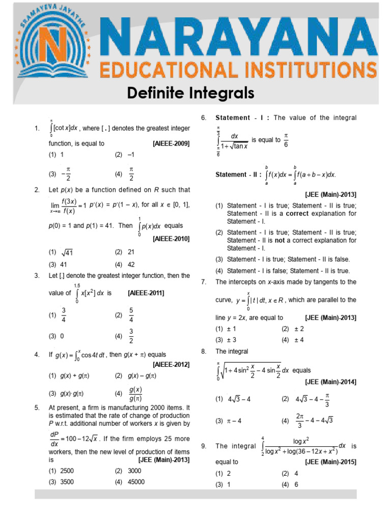 Definite Integrals and Calculus Problems | PDF | Function (Mathematics ...