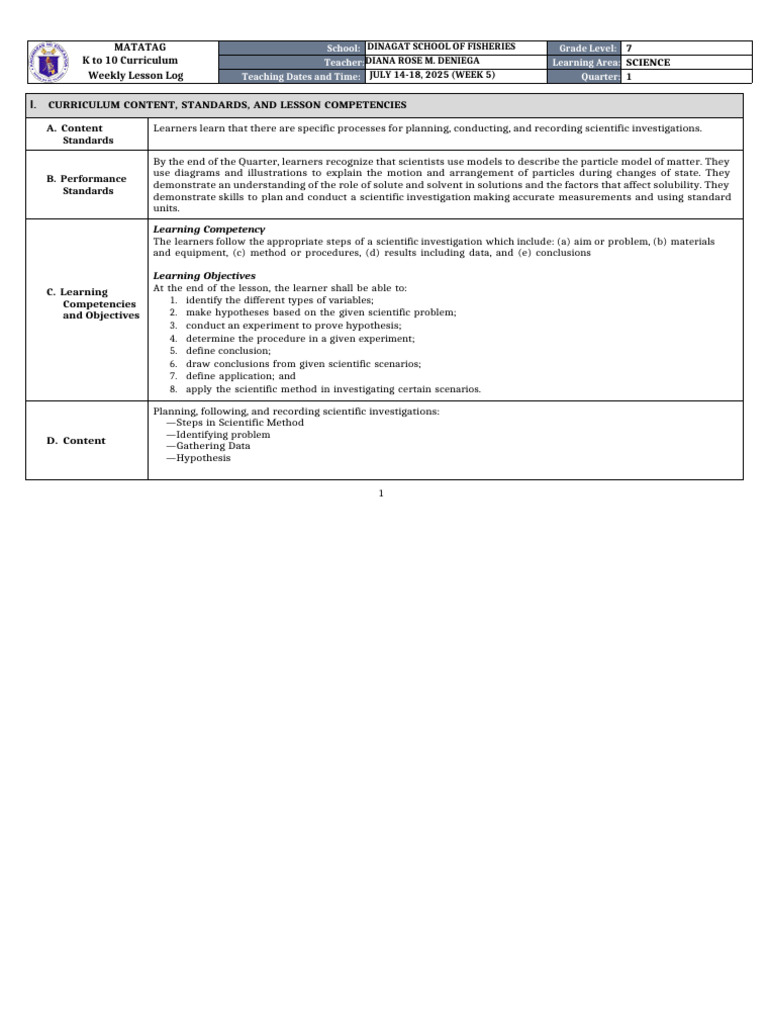 Grade 7 Science Weekly Lesson Plan | PDF | Scientific Method | Experiment