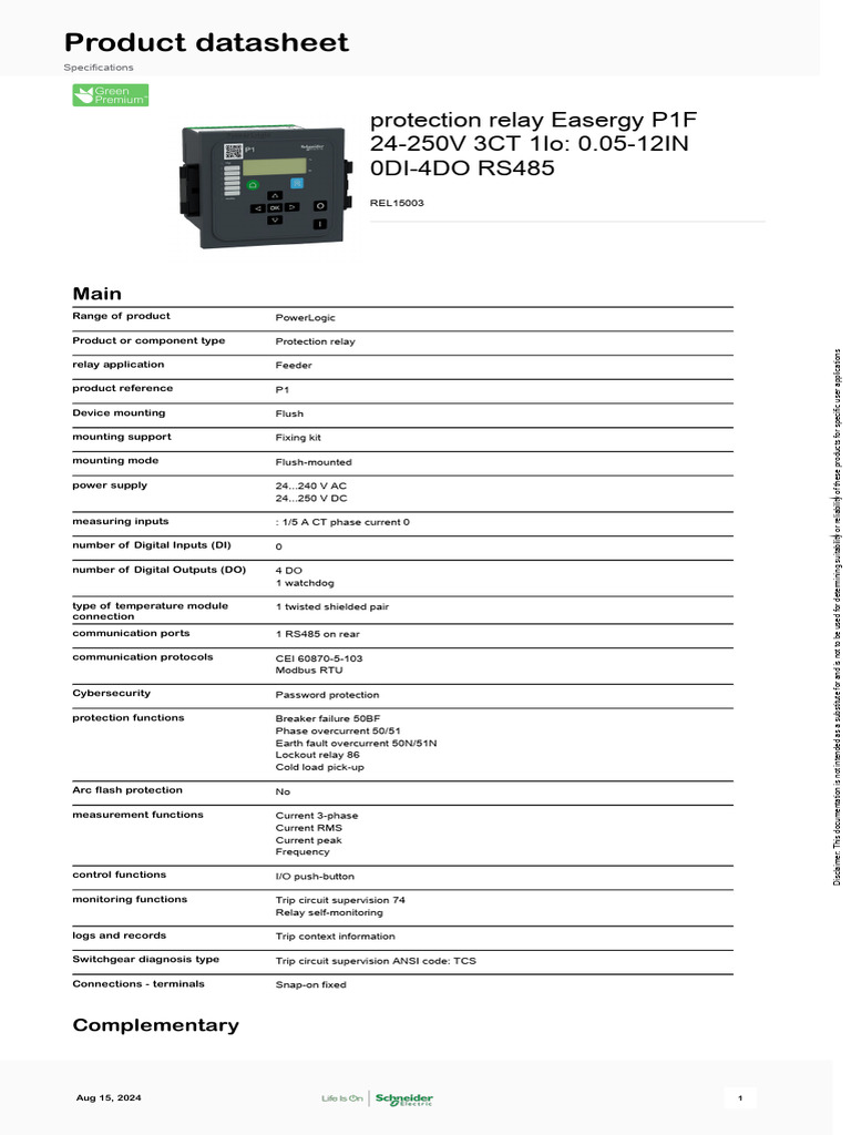 Easergy P1F Protection Relay Overview | PDF | Relay | Computer Engineering