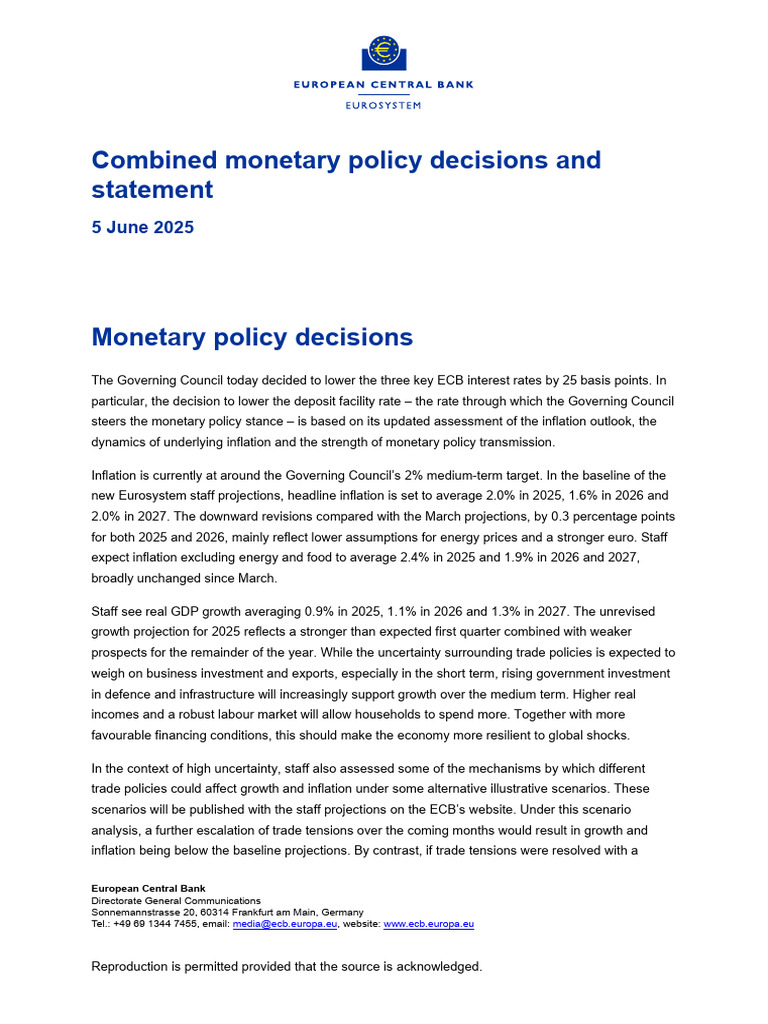 ECB Lowers Interest Rates by 25bps | PDF | European Central Bank ...