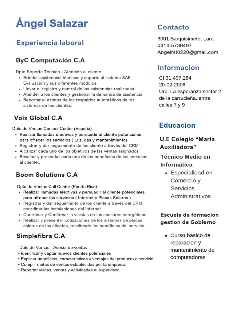 CV Act. | PDF | Centro de llamadas | Gestión de la relación con el cliente
