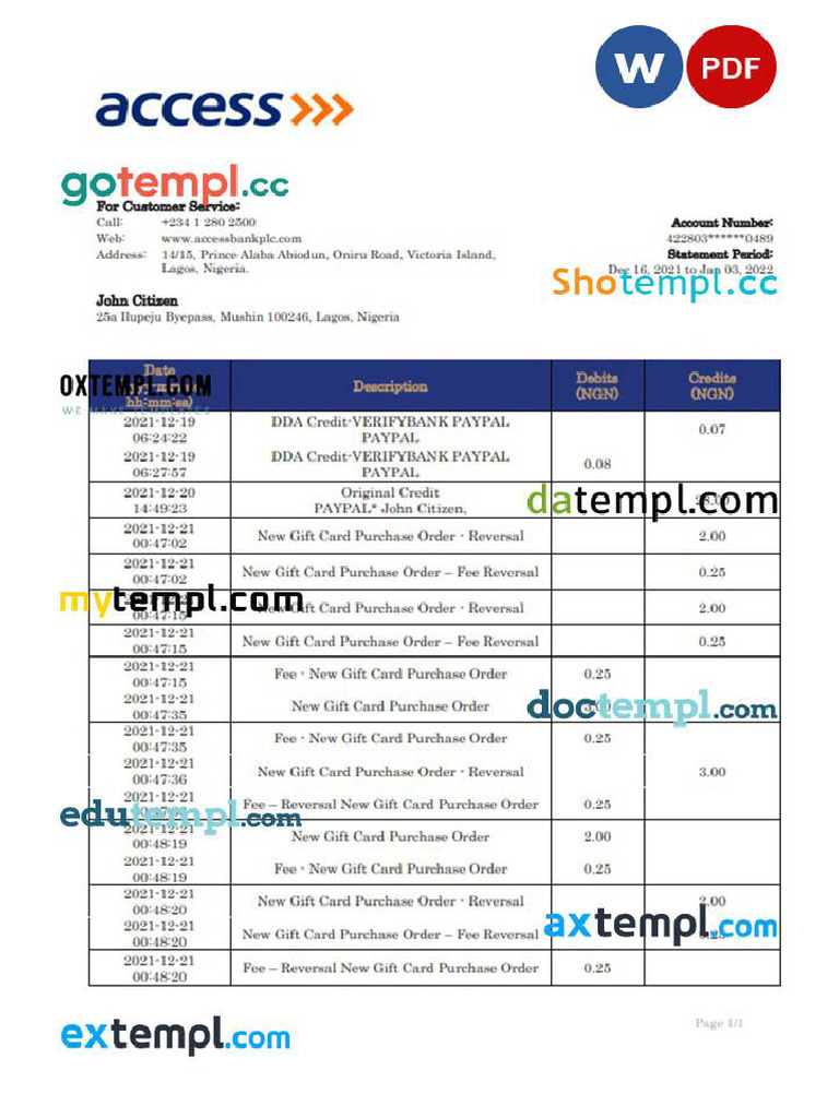 Doctempl - Nigeria Access Bank Statement Template Word and PDF | PDF