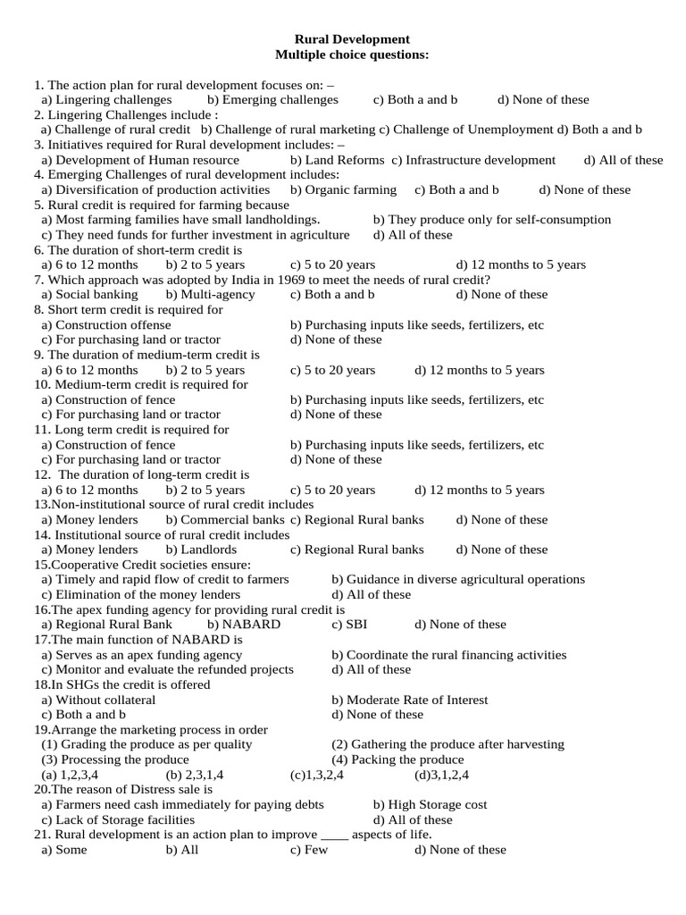 Class 12 Rural Development MCQs | PDF | Agriculture | Credit