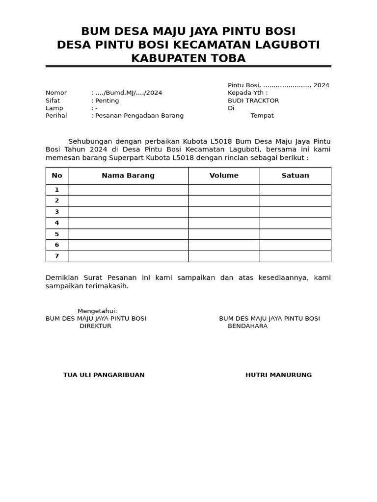 Pesanan Barang BUM Desa Pintu Bosi | PDF